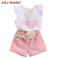 Children clothes sets for girls Fly sleeve Flower Cotton shirt + shorts