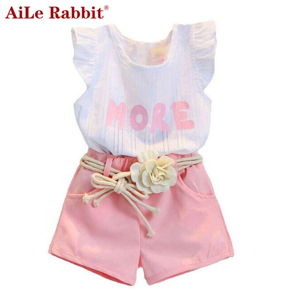 Children clothes sets for girls Fly sleeve Flower Cotton shirt + shorts