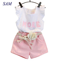 New Baby Children clothes sets for girls Fly sleeve Flower Cotton shirt + shorts summer set sport with belt print letter clothes